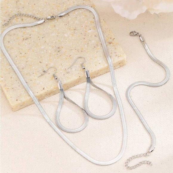 Sterling Silver Necklace Earrings Bracelet Set, Three piece Herringbone Set - Picture 3 of 7